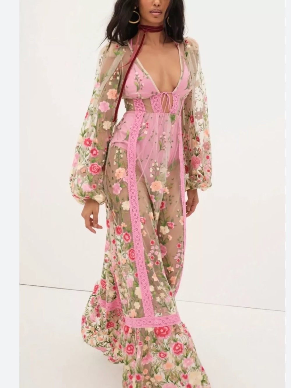 For Love & Lemons Luna Embroidered Floral Tulle Maxi Dress Ethereal Small New